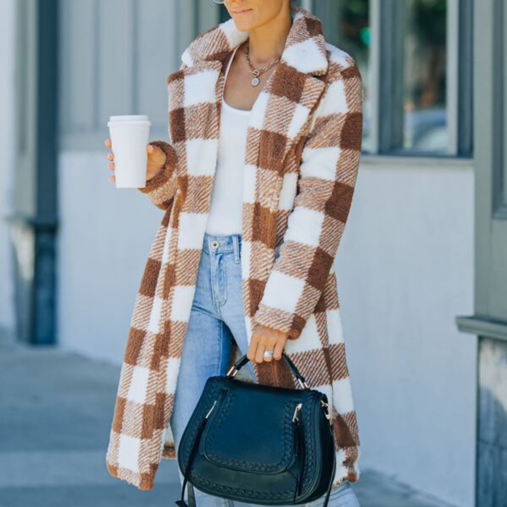 Coffee Brown Gingham Plaid Teddy Open Front Jacket - Picture 2 of 5